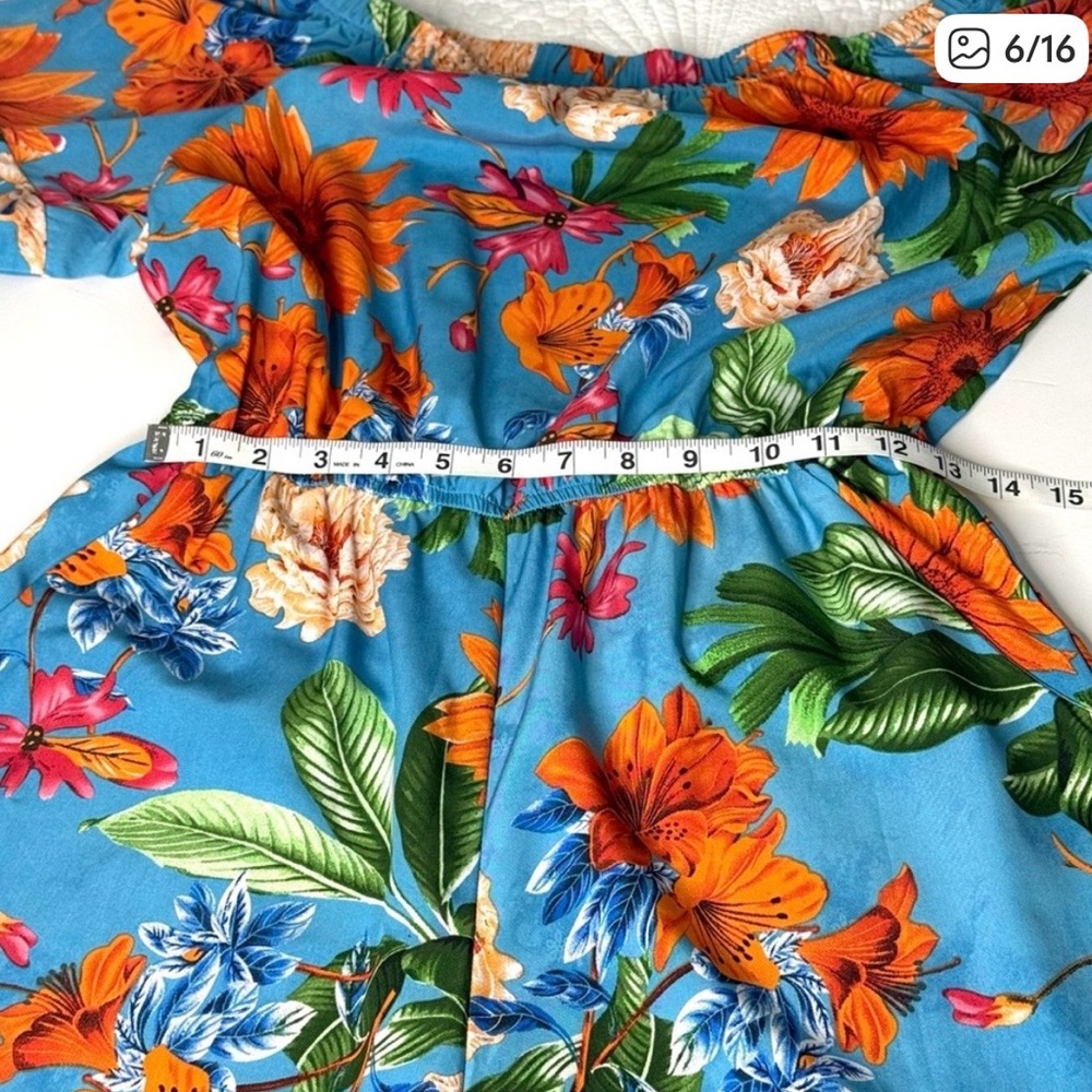 Tropical Blue Jumpsuit On or Off Shoulder Hawaiian Floral Outfit Size M - Picture 4 of 9